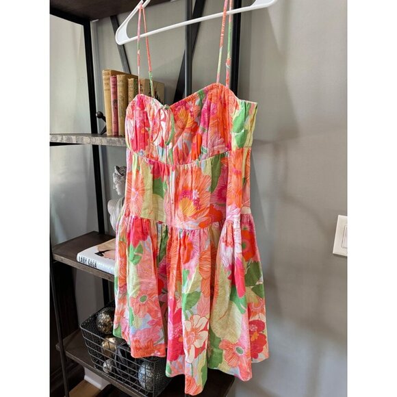 Amur Eriel Linen Blend Mini Dress Stripe Tropical Floral Womens Size 4 - Picture 8 of 12